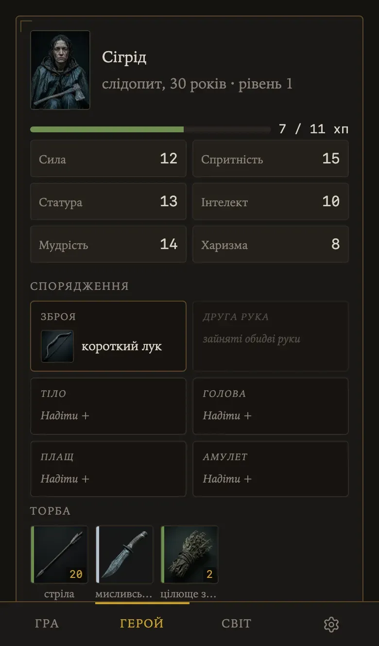 Лист героя: характеристики, спорядження і торба
