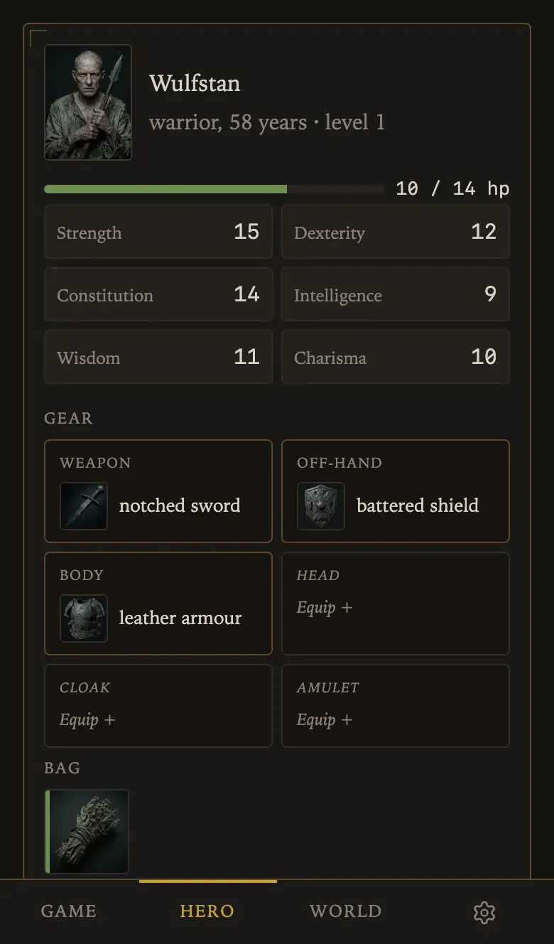 The character sheet: stats, worn gear and the bag
