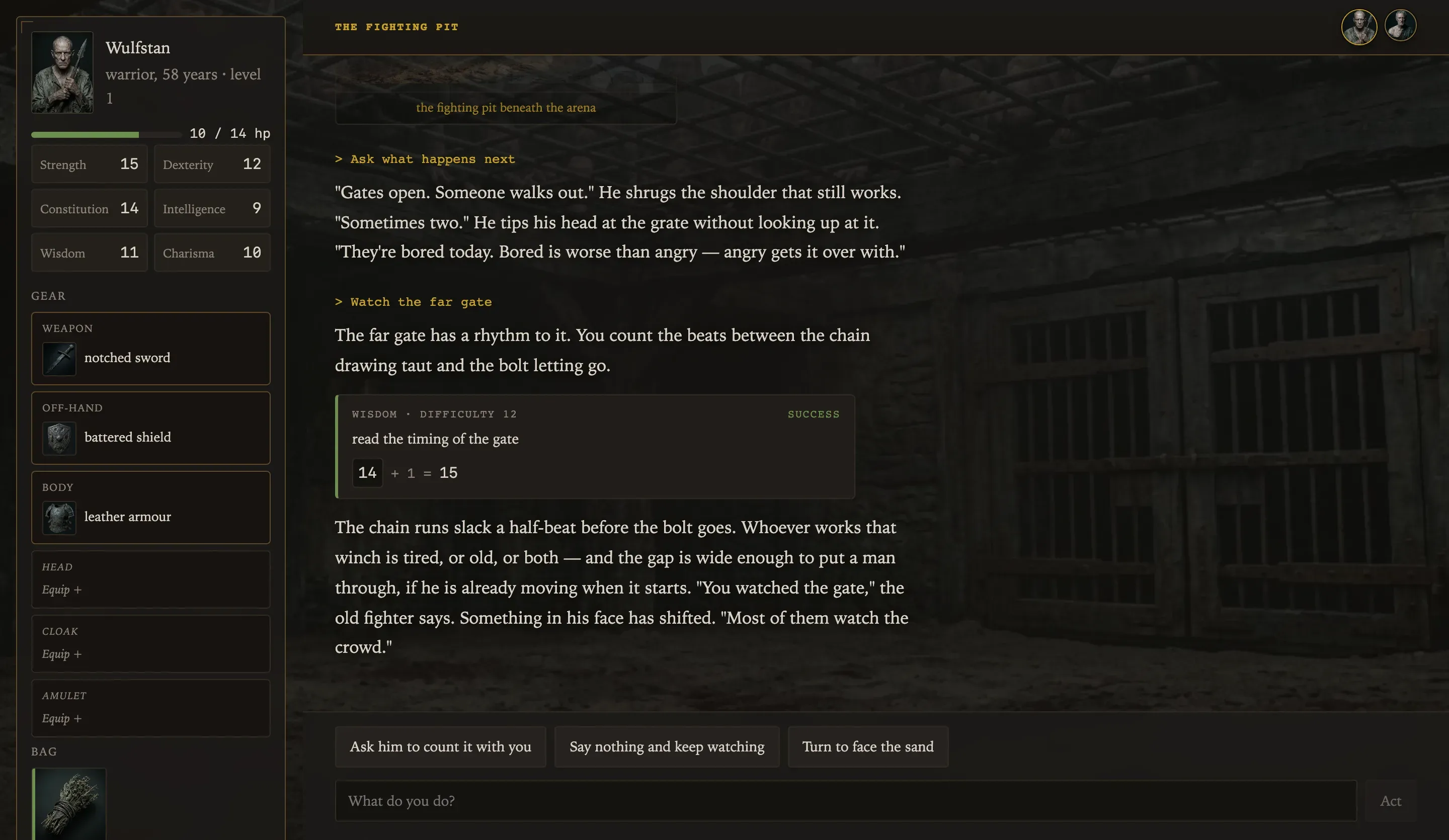 A scene in the fighting pit: description, a die roll and the available actions